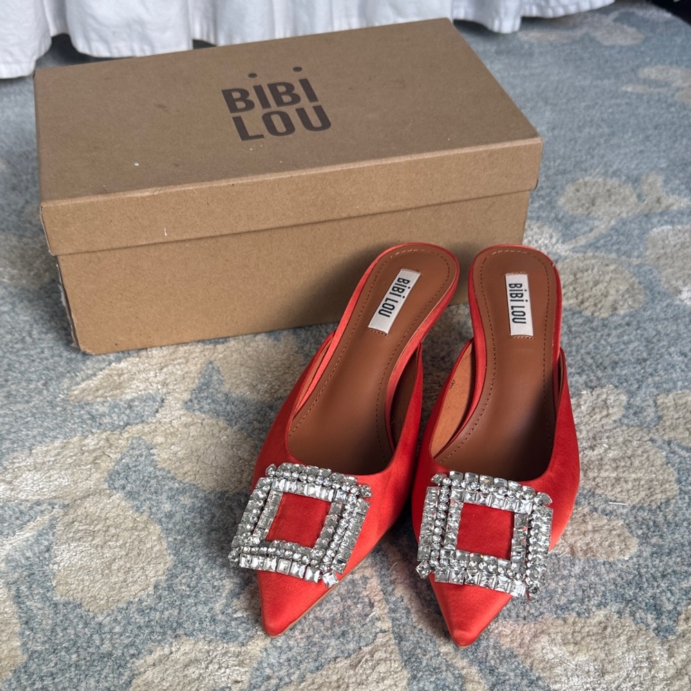 Bibi Lou Red Satin Heels with Crystal Embellishment